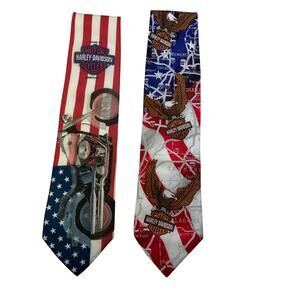 Lot 2 Harley-Davidson Ties Vintage 2000 Fat Boy with Flag & 1995 American Made
